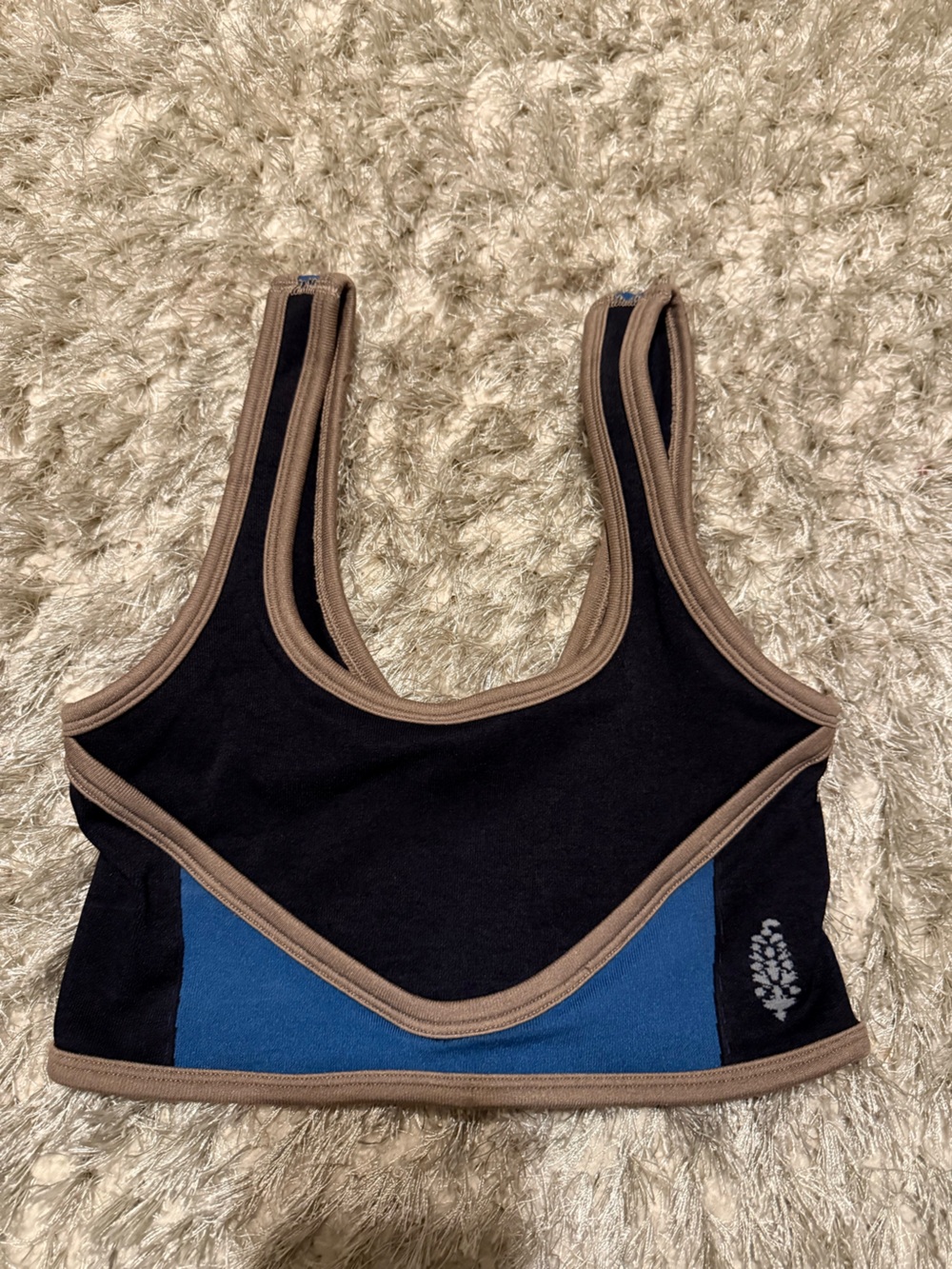 Free People Black Sports Bra with Blue Panel and Brown Trim